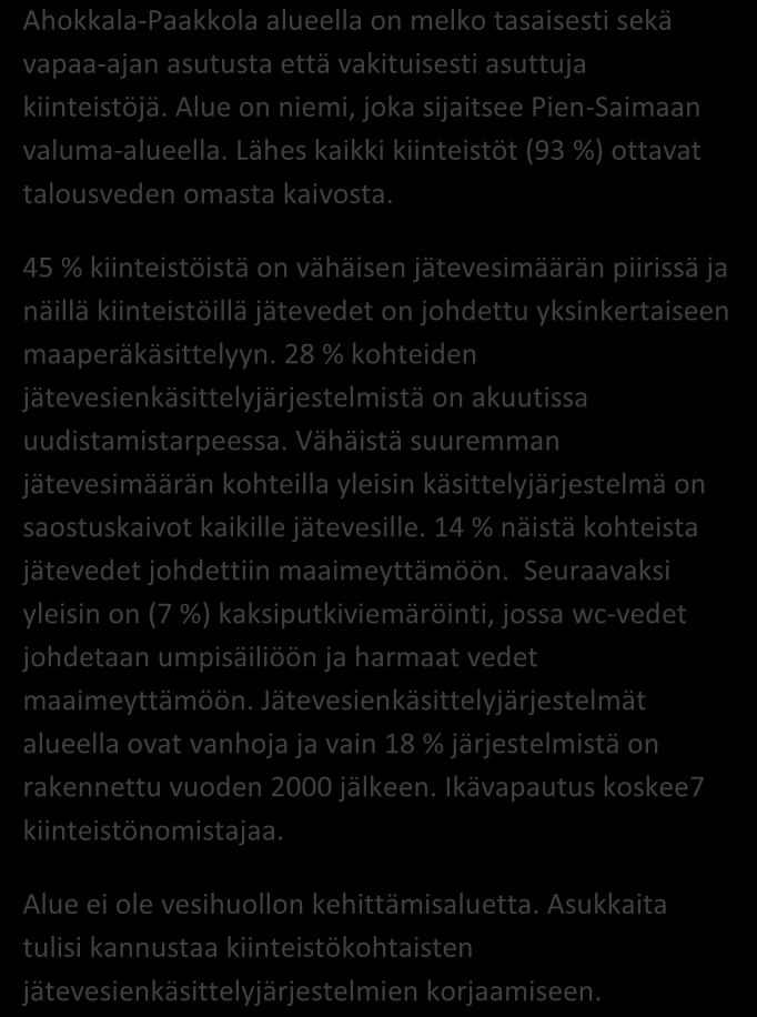 SAIMAAN VESIENSUOJELU- YHDISTYS RY TAIPALSAARI, AHOKKALA- PAAKKOLA 10/2012 Alueen kiinteistömäärä: 98 kpl JÄSSI 2013 ALUEKORTISTO Pohjavesialue Ranta-alue Taajaan asuttu alue Vedenottamon suoja-alue