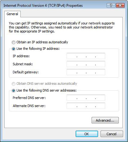 3. Valitse Obtain an IP address automatically (Hae IP-osoite automaattisesti), jos haluat, että IPasetukset määritetään automaattisesti. 4. Napsauta OK, kun olet valmis. Windows 7 OS 1.