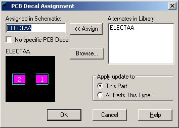 Kuvassa 8 näkyy PCB Decal Assignment ikkuna. Kuva 8. PCB Decal Assignment Kuten kuvasta 8 näkyy elektrolyyttikondensaattorin kotelo on pintaliitostyyppiä ja on täten vääränlainen.