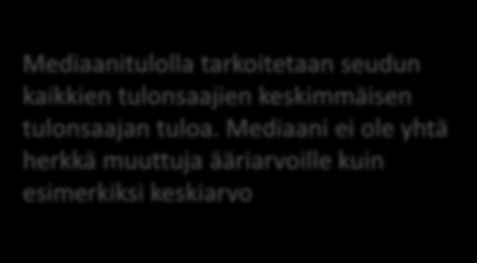 Asukkaiden mediaanitulot vuonna 2013 Mediaanitulolla tarkoitetaan seudun kaikkien tulonsaajien keskimmäisen tulonsaajan tuloa.