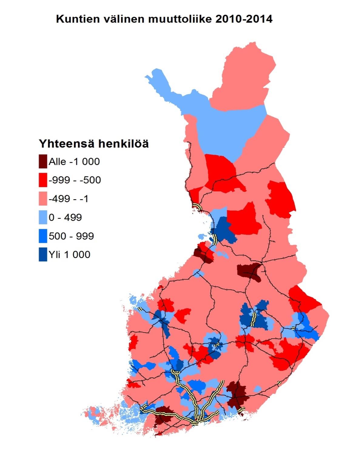 Liikkuvuus Kasvavien alueiden ja nopeiden rautatie- ja maantieyhteyksien välillä vahva ja kasvava riippuvuus Kuntien välinen muuttoliike on ollut yksi keskeisimmistä aluekehitystä eriyttävästä