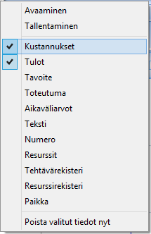 Nimikkeistö-ikkunan listalta valitaan rivejä raksimalla ja tehtävät lisätään projektille Lisää -painikkeella.