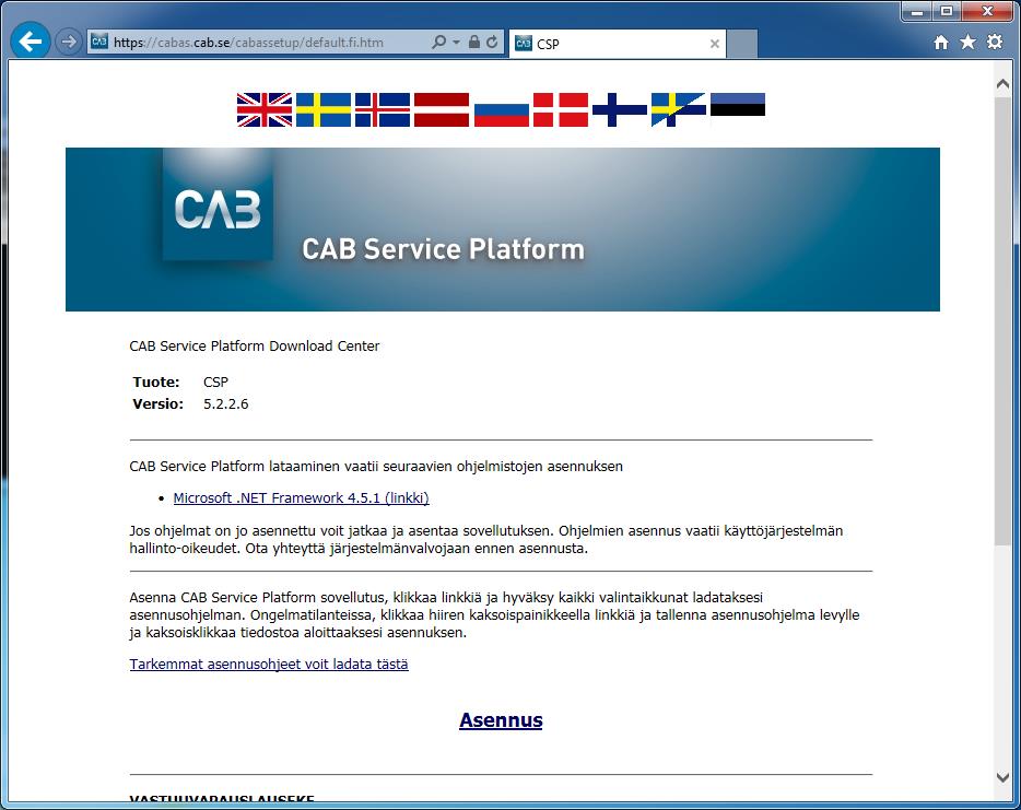 3. Aloita CABAS-asennus klikkaamalla Asennus linkkiä sivun alalaidassa.