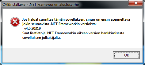 Tukiohjelmistojen kontrolli käynnistyy, ohjelmistot pitää olla asennettuna ennen CABAS asennusta. Jos Net Framework 4.5.