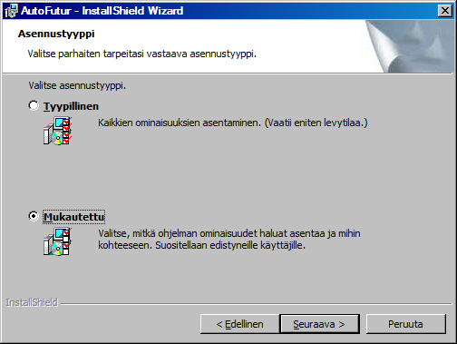 Asennuspaketin asennus Asennus aloitetaan Fsetup0.exe (konefutur kfsetup0.exe) paketilla, joka asentaa ohjelman tarvitsemat perustiedostot ja tietokanta-komponentit. Huom!