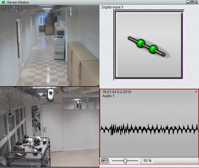 Ikkuna, jossa on kaksi videonäkymää: digitaalilähtönäkymä ja audionäkymä. Laiteikkunassa näytettävien laitenäkymien enimmäismäärä on reaaliaikatilassa 16 ja toistotilassa 8.