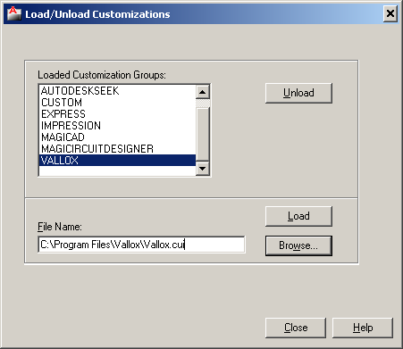 AutoCAD 2008-2009 käyttäjä: Kun käytät ensimmäistä kertaa ValloxMagiCAD konfiguraattoria, niin lataa toolbar (Vallox.cui) manuaalisesti.