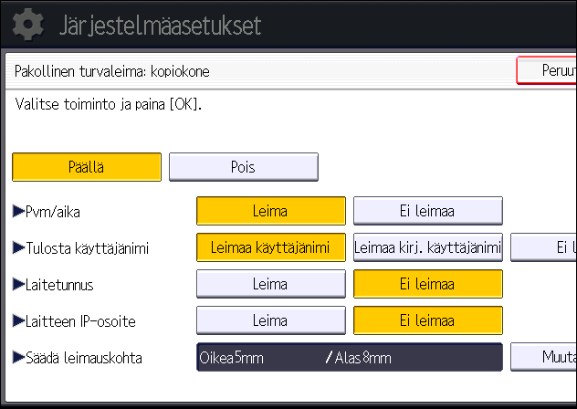 6. Asiakirjavuotojen estäminen Käyttäjätietojen tulostaminen paperille Tulostetuille sivuille voidaan määrittää pakollisesti upotettavaksi tulostustyön aloitusaika, tiedot tulostajasta (nimi tai