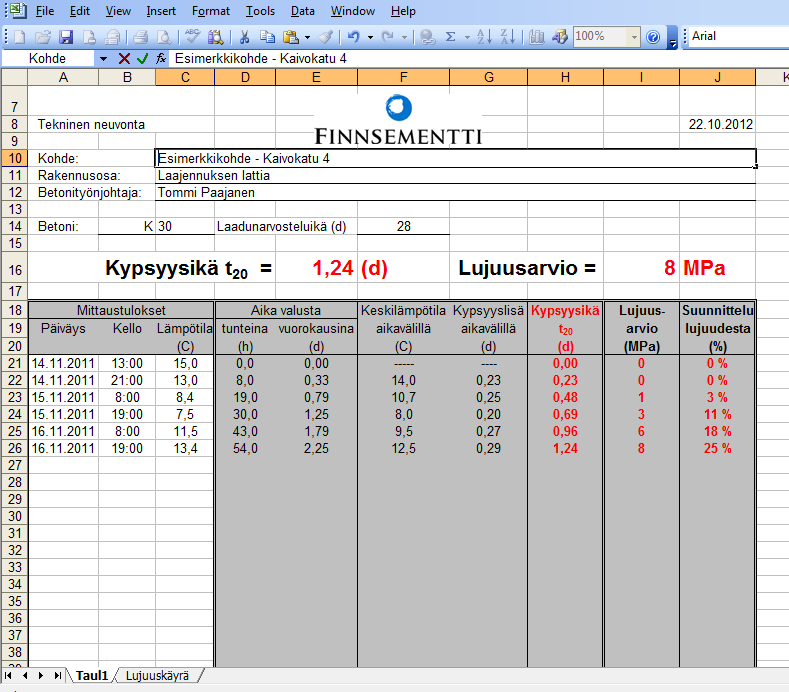 Kuva 16. Esimerkkikohteen betonin lujuudenkehitys Kypsyys_Lujuusohjelmassa. Seuraavana aamuna, 43 tunnin kuluttua valusta, oli jäätymislujuus 5 Mpa saavutettu.