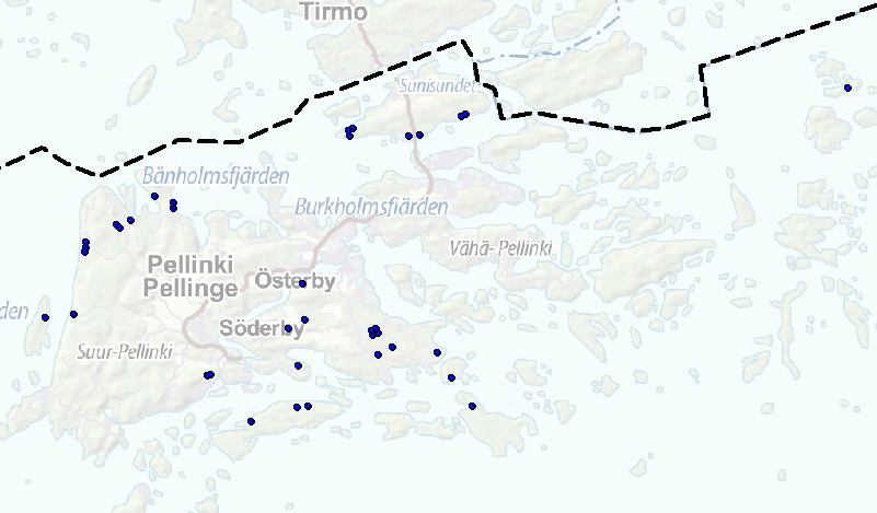 PELLINGIN SAARISTON OSAYLEISKAAVA 35 Kuva 28. Kaavassa osoitettujen uusien lomarakennuspaikkojen sijoittuminen. Rakennuspaikat ovat kartalla sinisillä symboleilla.