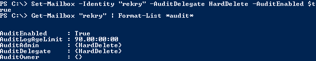 28 Set-Mailbox -Identity Rekry -AuditEnabled $False Kun auditointi on asetettu päälle postilaatikkoon, se tallentaa järjestelmän muistiin automaattisesti järjestelmänvalvojan ja muiden käyttäjien