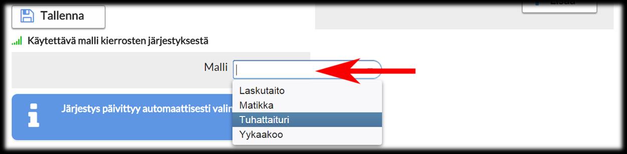 4) Hän avaa Kurssin asetukset -sivun ja valitsee alasvetolaatikosta luokassaan käytössä olevan kirjasarjan. Tällöin kierrokset järjestyvät välittömästi uudelleen.