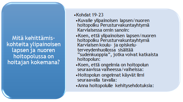 28 villa. Lisäksi kysymysten avulla selvitettiin toteutuivatko lapsen tai nuoren odotukset terveyspalveluita kohtaan.