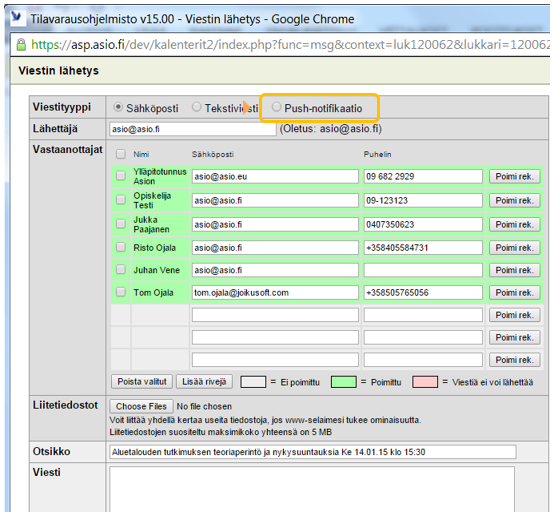 Kuva 14: Viestintäkanavan valinta viestintäpisteestä (Push-notifikaatio) Valitse kurssiosallistujalistalta ilmoitusten vastaanottajat ja kirjoita ilmoitukselle viestisisältö.
