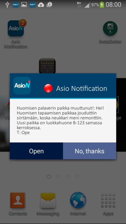 Kuva 19: Ilmoituksen saapuminen matkapuhelimeen, Android esimerkki ilmoituksen