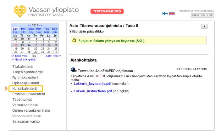 Kuva 10: Kurssikalenteri valikko Asio ohjelmiston