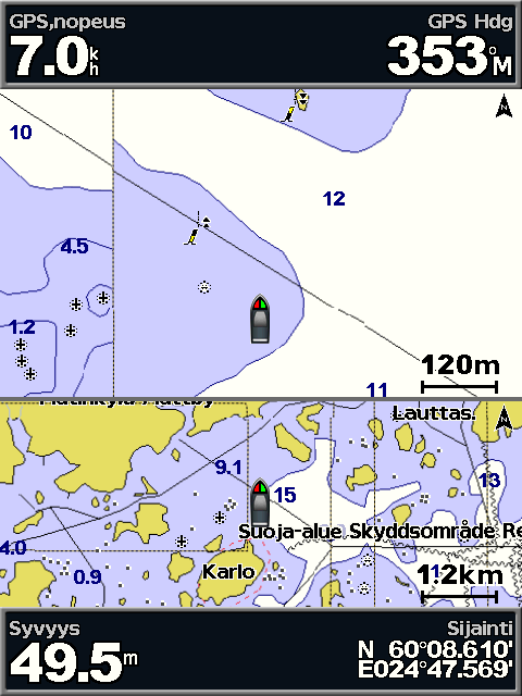 Karttojen käyttäminen Jaetun merikartan käyttäminen Jaetussa merikartassa voit näyttää merikartan lähennettynä kahdelle eri etäisyydelle samanaikaisesti.