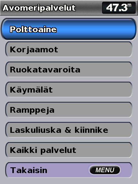 Minne? Aloitusnäytön Minne? -kohdassa voit hakea läheisiä huoltoasemia, korjaamoita, palveluja, reittipisteitä, reittejä ja jälkiä ja matkustaa niihin.