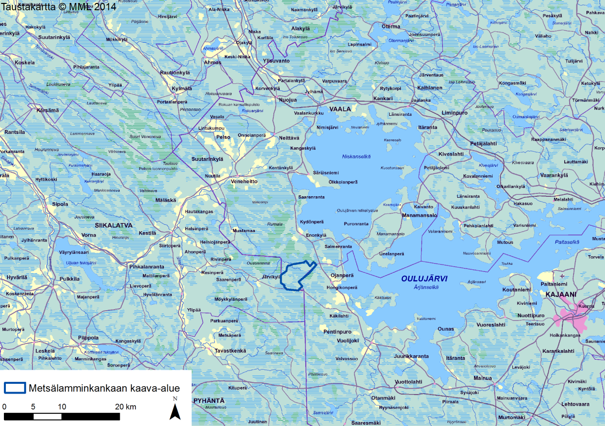 FCG SUUNNITTELU JA TEKNIIKKA OY Kaavaselostus / luonnos 8 (89) 4 NYKYTILANNE 4.1 Suunnittelualueen sijainti ja lähiympäristön kuvaus 4.1.1 Sijainti Suunnittelualue sijaitsee Kainuun maakunnassa, Vaalan kunnan eteläosissa.