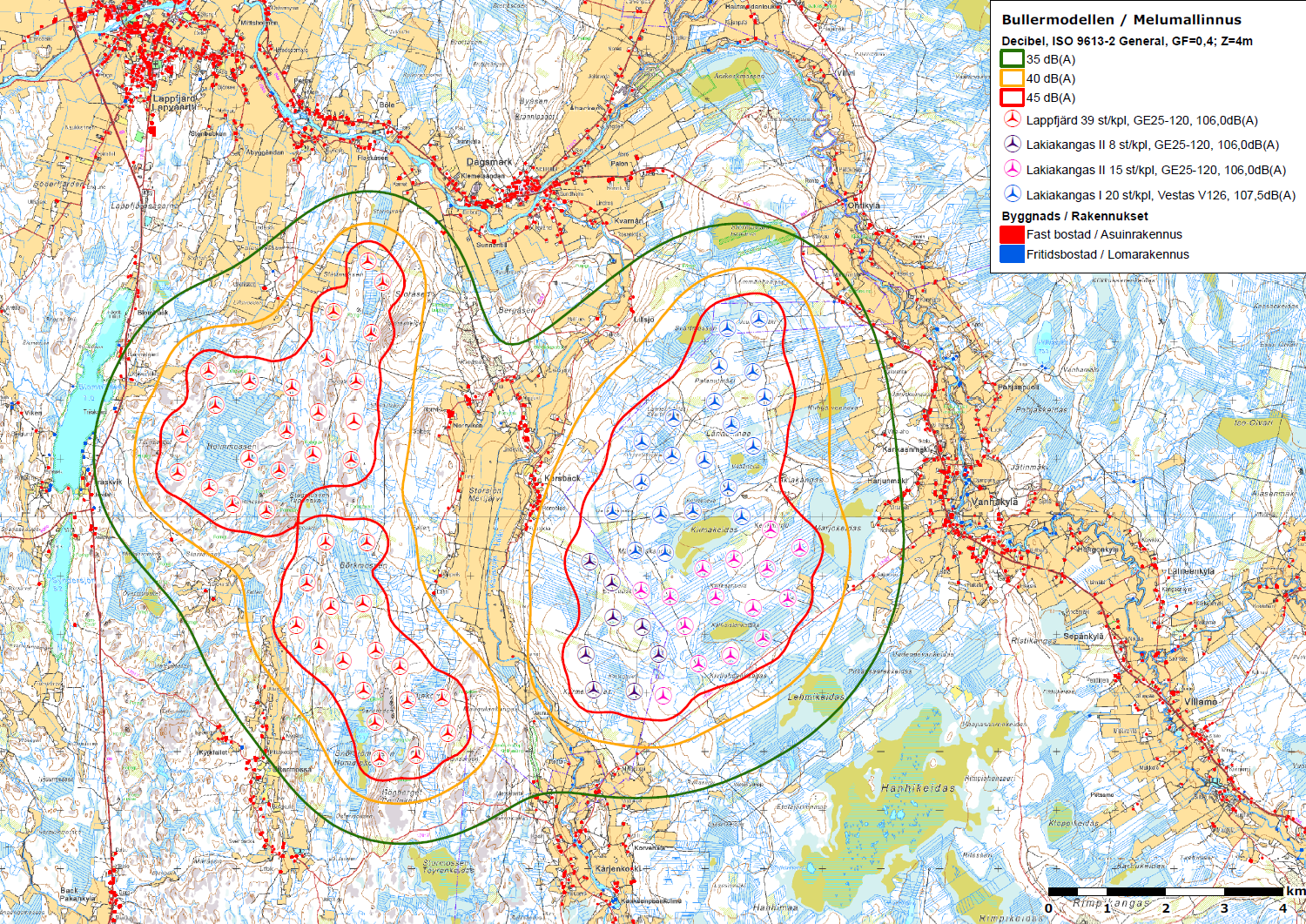 FCG SUUNNITTELU JA TEKNIIKKA OY Kaavaselostus 90 (113) 10.12.1.1 Melumallinnus Kuva 37 Lappfjärd ja Lakiakangas, melumallinnus.