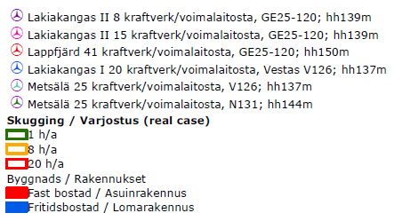 FCG SUUNNITTELU JA TEKNIIKKA OY Kaavaselostus 97 (113) Kuva 42 Metsälän tuulivoimapuiston sekä Lappfjärdin tuulivoimapuiston varjostusmallinnukset.