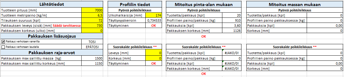 41 maksimimassan. Js prfiilien yhteenlaskettu pain tai krkeus ylittää pakkaukselle sallitut raja-arvt, jakaa hjelma tilauksen useampaan pakkaukseen.