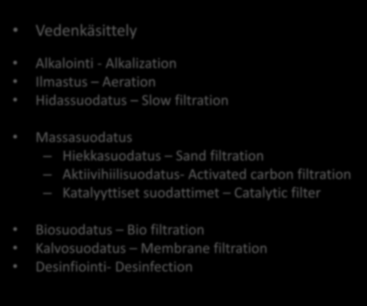 Veden laatuvirheiden korjaaminen - Improving the water quality Kaivon rakenteiden kunnostaminen Vedenkäsittely Alkalointi - Alkalization Ilmastus Aeration Hidassuodatus Slow filtration Massasuodatus