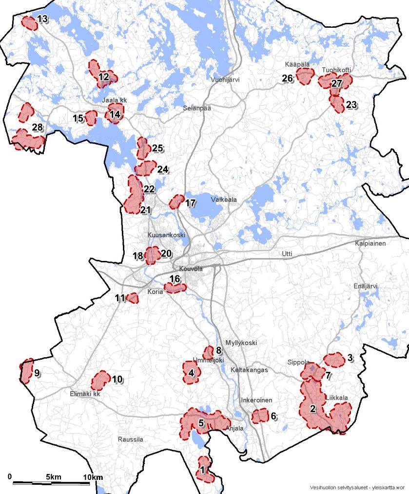 Kouvolan kaupungin vesihuollon kehittämissuunnitelma 26 Vesihuollon tarvealueiden määrittely kytkeytyy vesihuoltolain mukaan vahvasti kaavoitukseen.