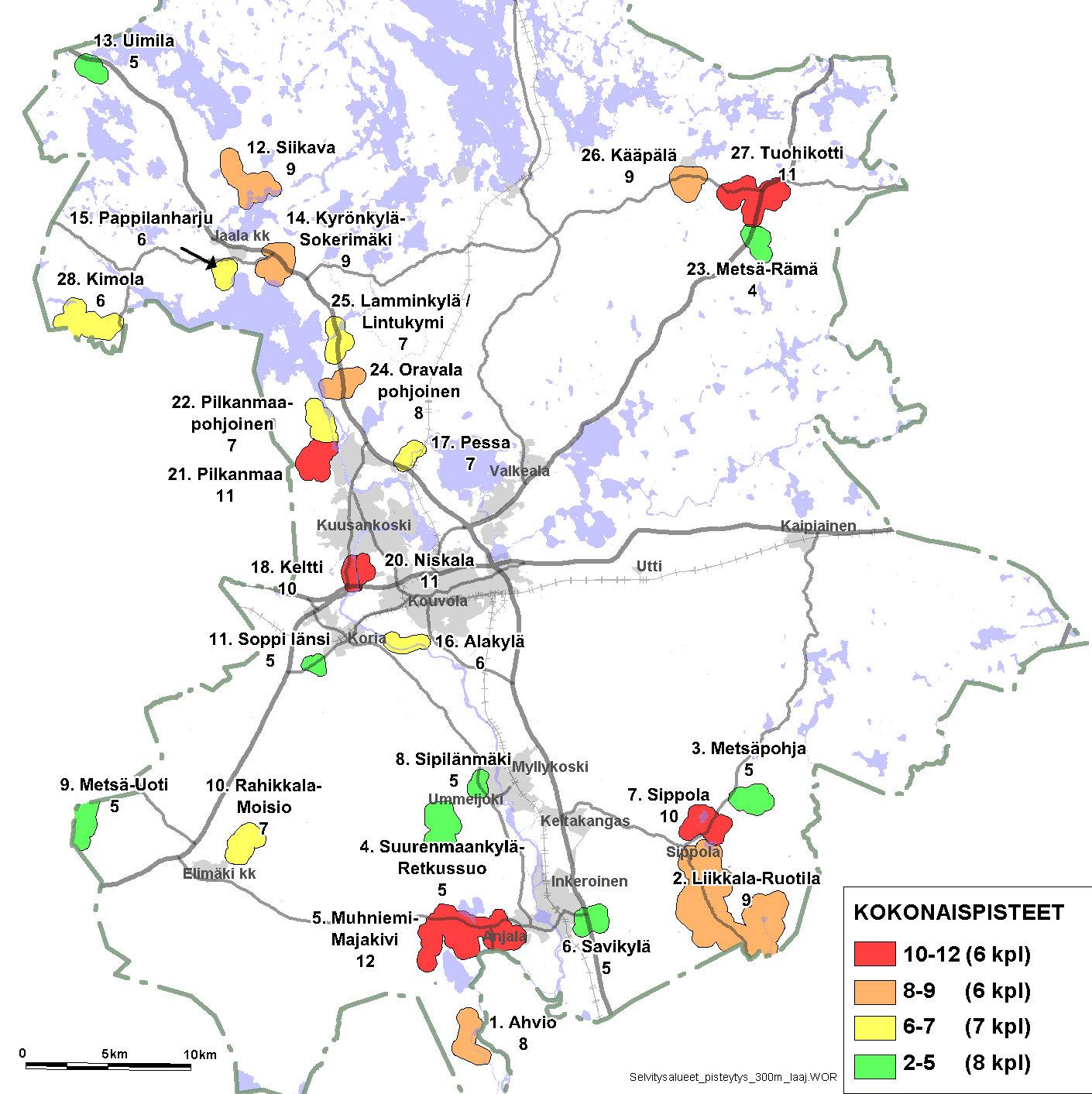 Kouvolan kaupungin vesihuollon kehittämissuunnitelma 30 Vesihuollon tarvealueiden pisteytys Kuva 7. Vesihuollon tarvealueiden sijainti ja priorisointi. 5.4.