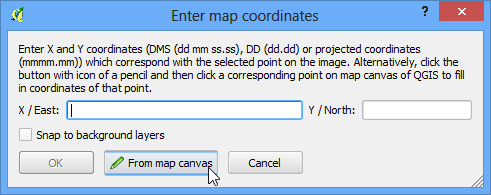 12. Once you click on the image at a control point location, you will see a pop-up asking you to enter map coordinates. Click the button From map canvas. 13.