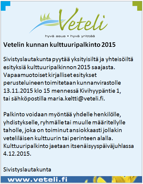 mennessä kotisivujemme kautta www.veteli.4h.fi. Lisätietoja Satulta puh. 0407472347. KOULUT TIEDOTTAVAT JOULUMYYJÄISET LA 28.11.