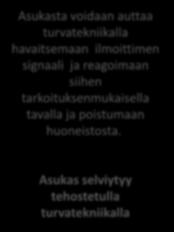 Asiakaskategoriat Toimintakyky ja tulipalosta selviytyminen pisteytyksen perusteella 0 Tavanomainen 1 Alentunut 2 Rajoittunut 3-> Autettava Asukas pystyy havaitsemaan palon tai ilmoittimen signaalin,