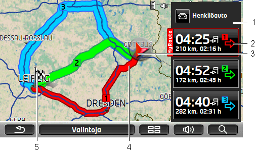 9.3 Kartta tilassa Ennakkonäyttö Käyttöohjekirja SEAT Portable System Olet määrittänyt kohteen ja painanut Käynnistä navigointi. tai Olet suunnitellut tai ladannut reitin ja painanut Näytä reitti.