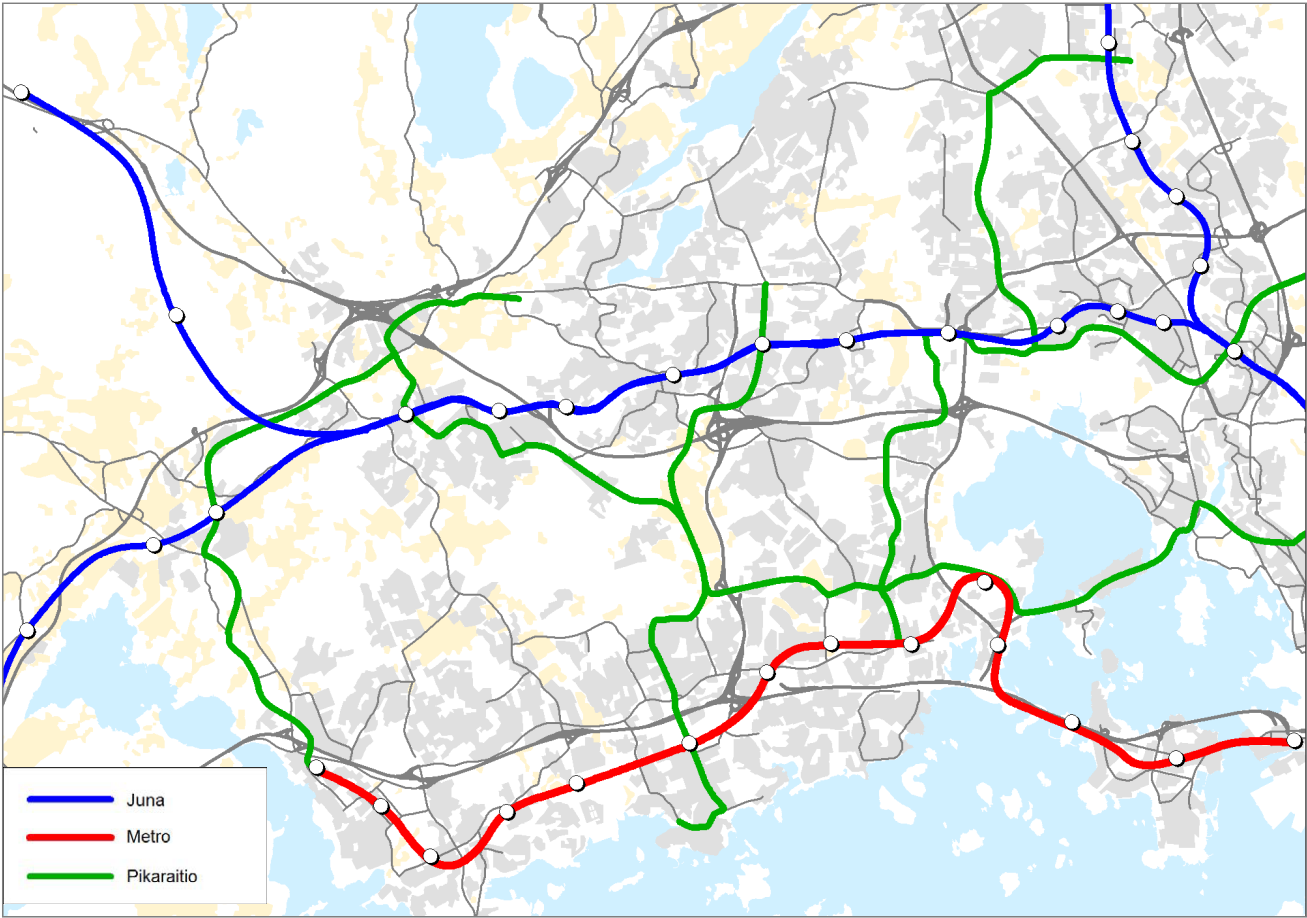 Kuva 10. Espoon raidevisio vuodelle 2050 (Espoon raideliikennevisio 2011).