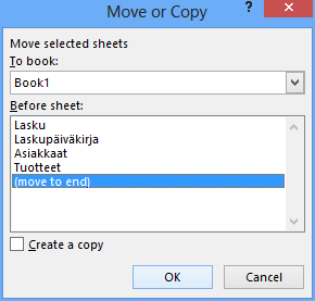 Työarkin kopioiminen tai siirtäminen Työarkin, välilehden siirrät työkirjassa tarttumalla välilehden valitsimeen ja vetämällä sen haluamaasi paikkaan.