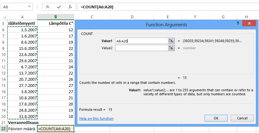 Määrän laskeminen Count() (Laske) ja CountA() (Laske.A) -funktioilla palautat alueen lukujen tai arvojen määrän. Jälkimmäinen funktio toimii vaikka lähtöarvosoluissa on tekstiä.
