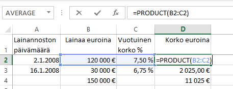 Tulon laskeminen Tulon laskeminen onnistuu kirjoittamalla laskentasoluun =-merkin ja sitten napsauttamalla toista tulon tekijää, siis soluosoitetta.