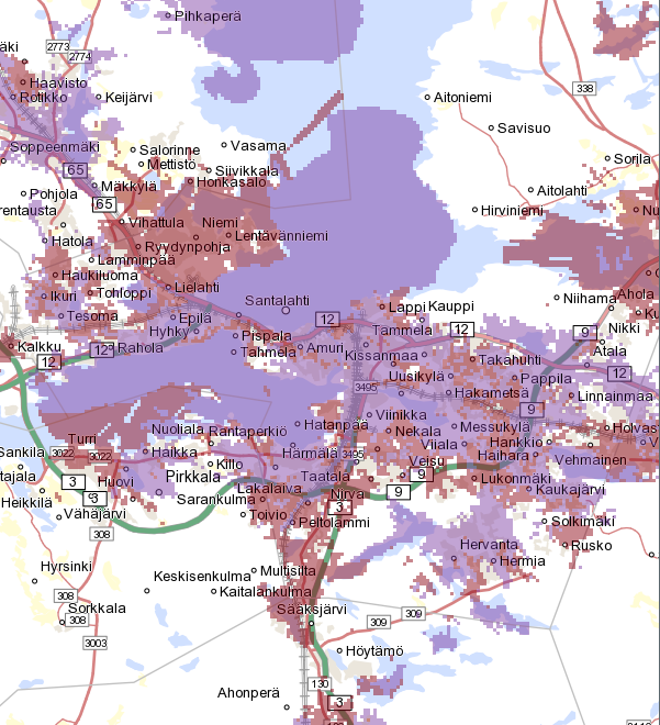 Kuva 12. Soneran 4G kuuluvuus Tampere (Soneran 4G sivu.) Kuvissa 10,11 ja 12 liila on LTE verkkoa ja punainen 3G Dual carrier.