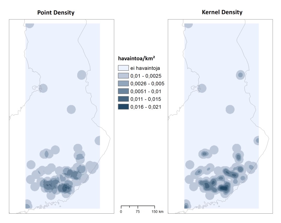 45 Kuva 71. Point Density ja Kernel Density -menetelmillä tuotetut tiheyskartat kalliomaalaukset-aineistosta (Data: Muinaisjäännösrekisteri).