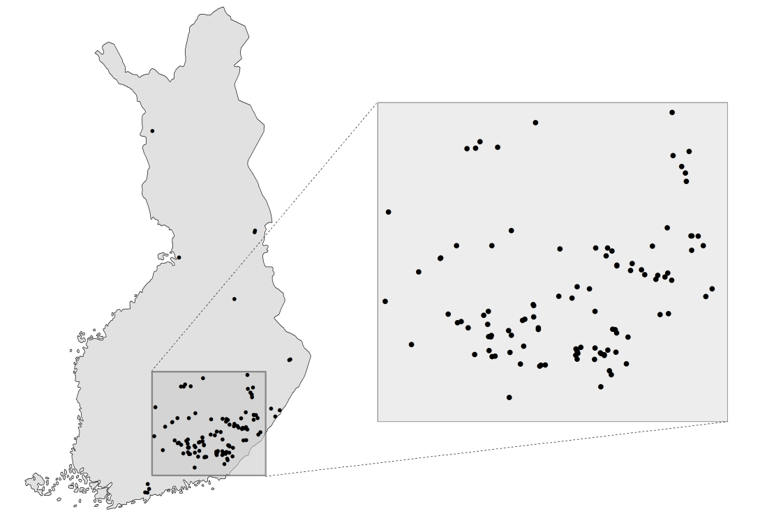 66 Kuva 108. Tarkasteltavan alueen rajaus vaikuttaa siihen, kuinka klusteroituneena pistejoukko näyttäytyy (Data: Muinaisjäännösrekisteri). 4.1.2.