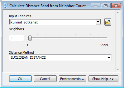 74 Kuva 118. Calculate Distance Band from Neighbor Count. Tulokset ovat nähtävissä Results-näkymässä. (Kuva 119).