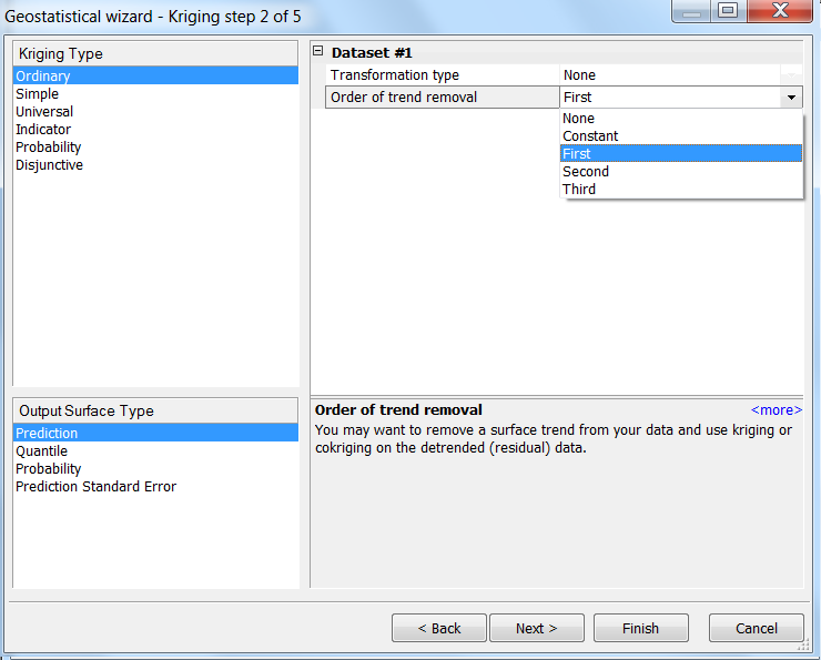 80 5.3.2. Mallin rakentaminen Geostatistical Wizard -toiminnolla Kun aineistosta on tarkastettu normaalijakautuneisuus ja yleinen trendi, voidaan aloittaa varsinaisen mallin rakentaminen: 6.