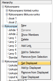 Named Groups Set Displayset Ryhmien sisällön voi tarkistaa esimerkiksi valitsemalla Kokoonapano kiinteä runko -ryhmän hierarkiapuusta ja valitsemalla hiiren oikean puoleisesta valikosta Set