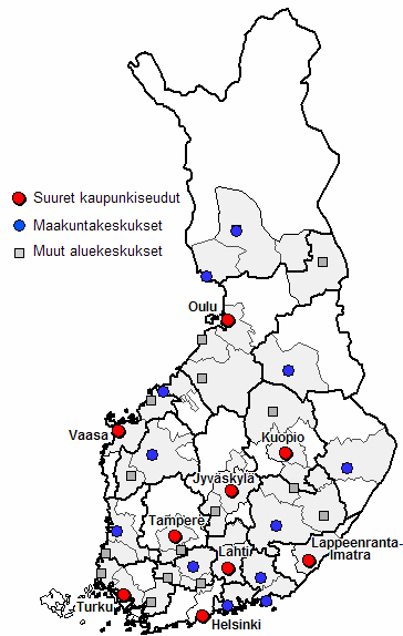 Kuva 6. Kaukoliikenteen peruspalvelutason määrittelyssä käytetty aluejako.