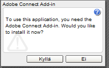4. Valitse Install add-in ja sen jälkeen ponnahdusikkunasta Kyllä 5. Tämän jälkeen valitse Meeting ja tee Audio Setup Wizard. Next-näppäimellä pääset eteenpäin. Valitse mikrofoni alasvetovalikosta.