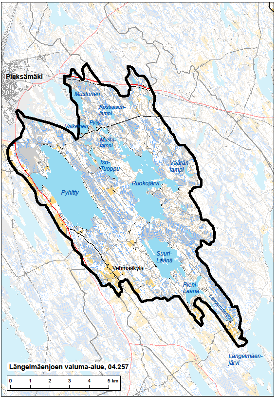 Pieksämäen kalastusalueen käyttö- ja hoitosuunnitelma Vi 27 7. Längelmäjoen valuma-alue (kartta ELY Etelä-Savo). Valuma-alueen yli 50 ha järviä ovat Pyhitty, Ruokojärvi, Iso Tuoppu sekä Suuri-Läänä.