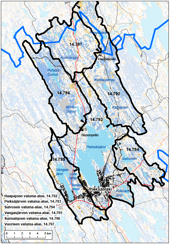 Pieksämäen kalastusalueen käyttö- ja hoitosuunnitelma Vi 29 9. Pieksäjärven alue ja sen valuma-alueet: Surnuinjoki, Vangasjärvi, Salvonen, Vuorinen sekä Haapajoki (kartta ELY Etelä-Savo).