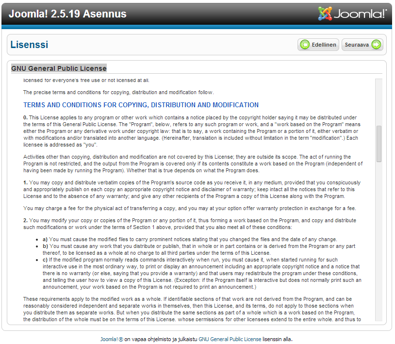Kuvio 10. Joomlan lisenssi. Kuviossa 11 kerrotaan Joomlalle edellä tehdyn tietokannan nimi ja käyttäjä sekä salasana.