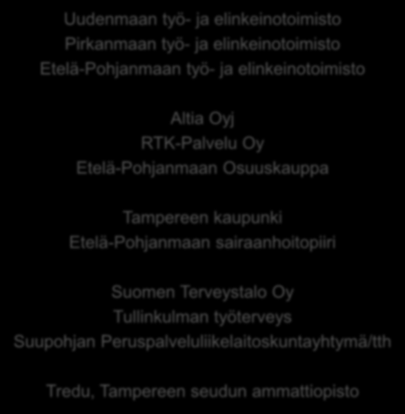 Pilottiorganisaatiot Uudenmaan työ- ja elinkeinotoimisto Pirkanmaan työ- ja elinkeinotoimisto Etelä-Pohjanmaan työ- ja elinkeinotoimisto Altia Oyj RTK-Palvelu Oy Etelä-Pohjanmaan