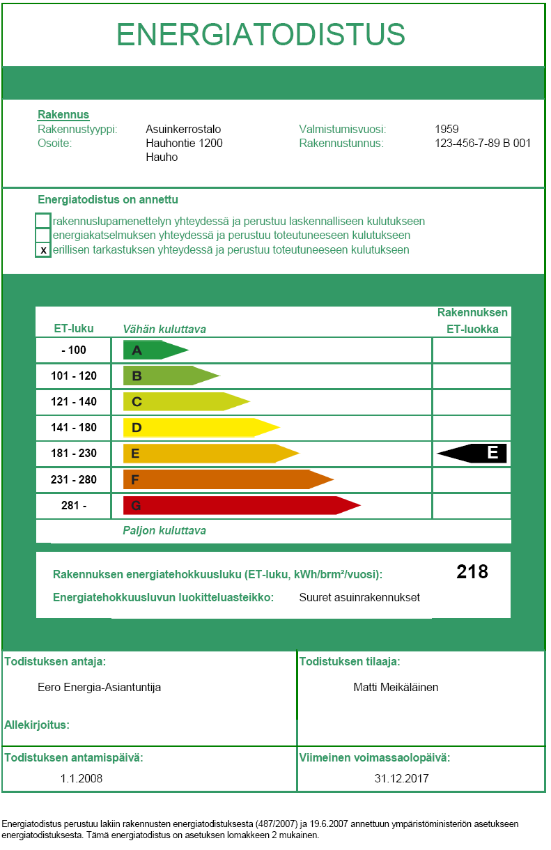 9 Kuva 1. Erillisen energiatodistuksen kansilehti (YMA 765/2007).